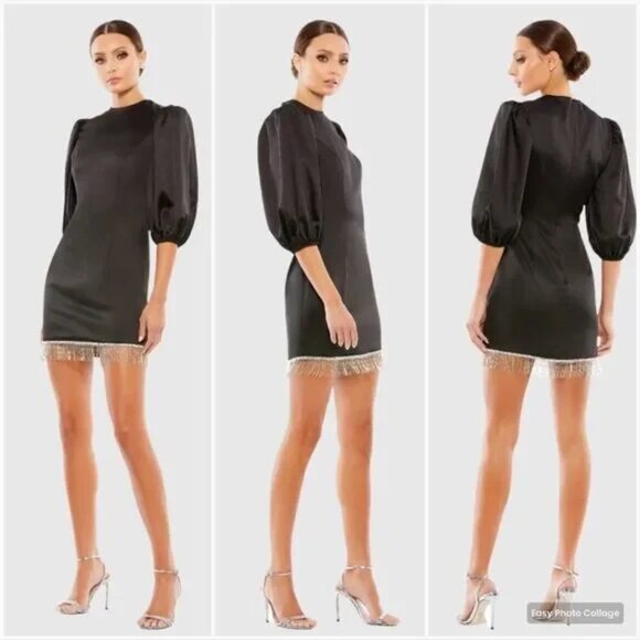 Mac Duggal Dresses & Skirts - Mac Duggal‎ 26672 Cocktail Party Dress Black Satin Minidress Jewel Fringe Sz 4